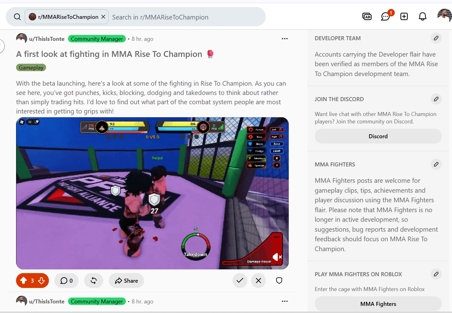 A gameplay discussion post in the MMA Rise To Champion subreddit showing fighting mechanics and community infrastructure