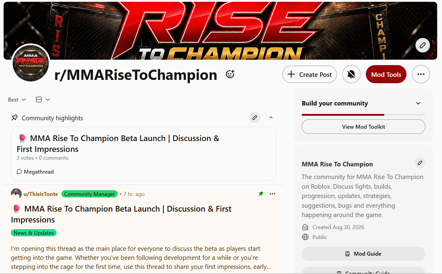 The MMA Rise To Champion subreddit showing its branded launch page, beta discussion megathread and community description